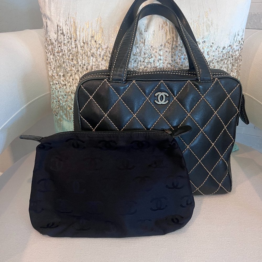 Authentic Chanel Wild Stitch Black Leather Handbag with Pouch